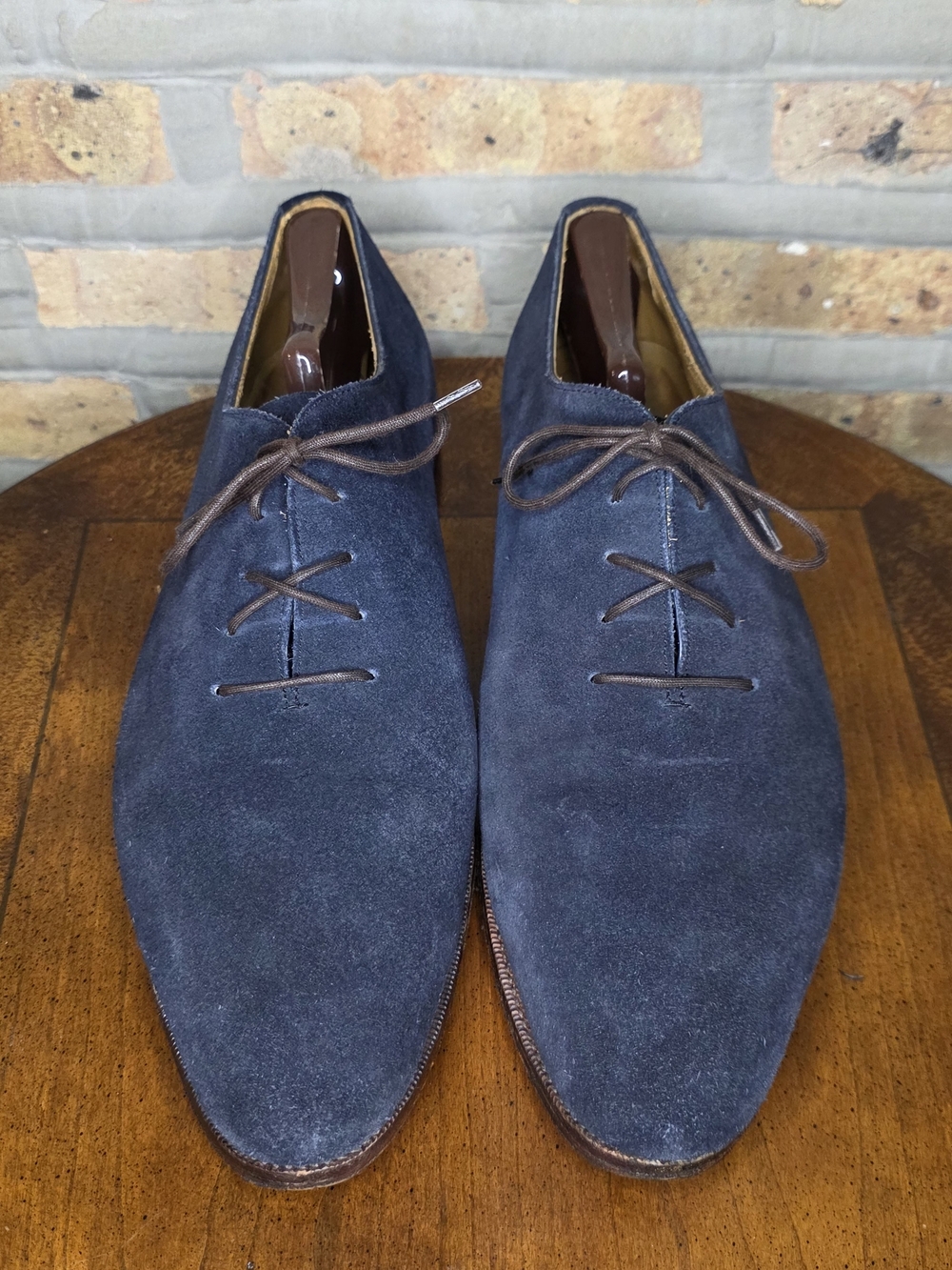 Meermin Navy Suede Derby Shoes with Brown Trim